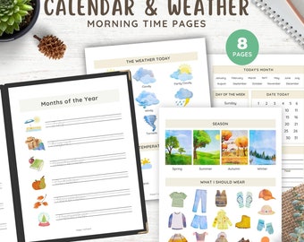 Kinderkalender en weerpagina's, dagkalender voor kinderen, kalender ochtendmenupagina's, weer ochtendtijd, weerkaart voorschoolse thuisschool