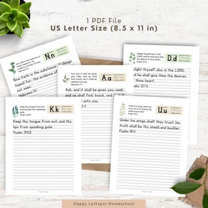 May include: A printable worksheet for practicing handwriting with the letters Nn, Kk, Aa, Dd, and Uu. Each letter is presented with a Bible verse and a line for writing practice. The worksheet is designed for a US Letter size paper (8.5 x 11 inches).