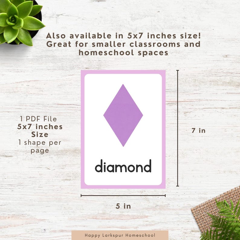 May include: A flashcard featuring a purple diamond shape with the word "diamond" below it. The card is 5 inches wide and 7 inches tall. Text on the card indicates it is a PDF file, available in a 5x7 inch size, ideal for classrooms.