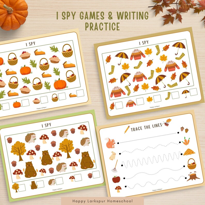 May include: Four printable worksheets for kids featuring autumn-themed I Spy games and a tracing activity. The worksheets include images of pumpkins, pies, baskets, leaves, squirrels, hedgehogs, acorns, and more.