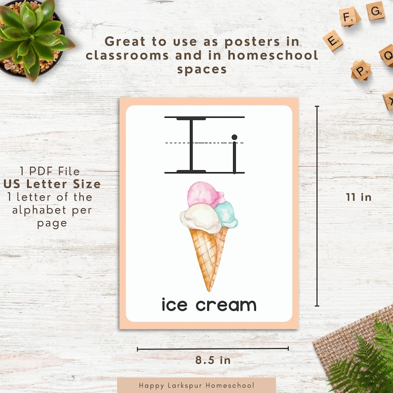 May include: Printable alphabet poster featuring the letter "I" in black with a dotted lowercase "i" and a picture of a three-scoop ice cream cone with pink, white, and blue ice cream. The text "ice cream" is written below the image. The poster is 8.5 inches wide and 11 inches tall.