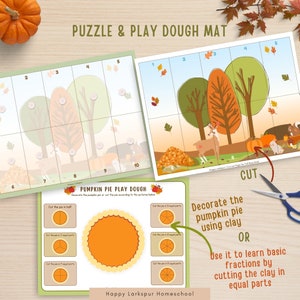 May include: A printable play dough mat with a fall theme. The mat features a pumpkin pie, a deer, trees, and leaves. The mat is divided into 10 squares. The text on the mat reads "Puzzle & Play Dough Mat" and "Pumpkin Pie Play Dough".