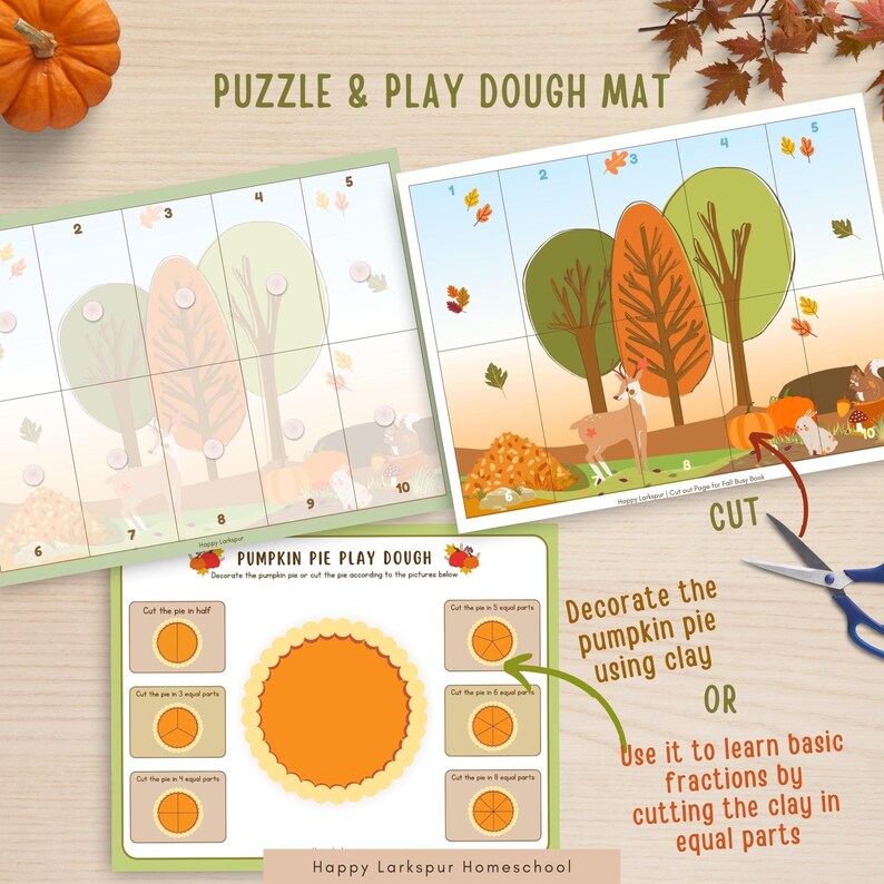 May include: A printable play dough mat with a fall theme. The mat features a pumpkin pie, a deer, trees, and leaves. The mat is divided into 10 squares. The text on the mat reads "Puzzle & Play Dough Mat" and "Pumpkin Pie Play Dough".