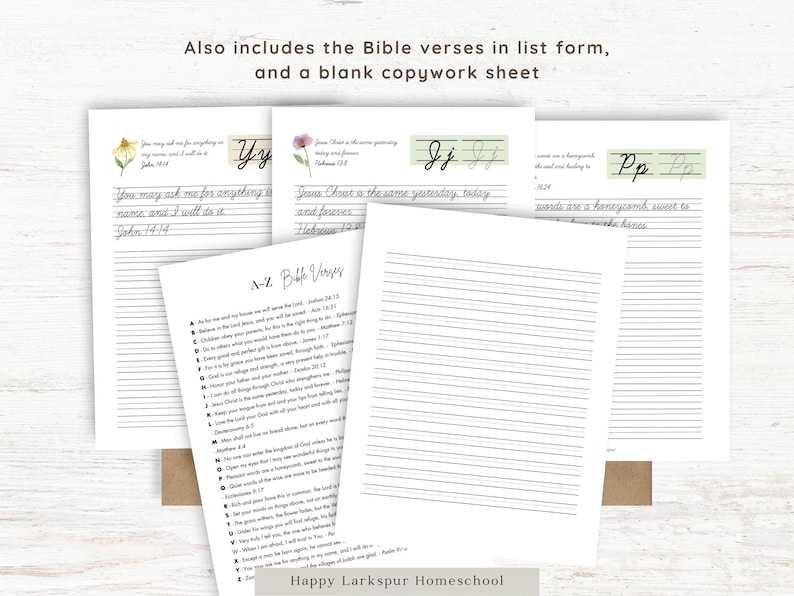 May include: A printable worksheet with a list of Bible verses in alphabetical order. The worksheet also includes a blank copywork sheet with the text "Jesus Christ is the same yesterday, today and forever" and a handwriting practice sheet with the letters "Yy", "Jj", and "Pp".