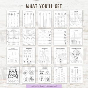 May include: A collection of black and white printable worksheets for children. The worksheets include activities such as scissor practice, size sorting, and counting. The text "WHAT YOU'LL GET" is at the top, and "Happy Larkspur Homeschool" is at the bottom.