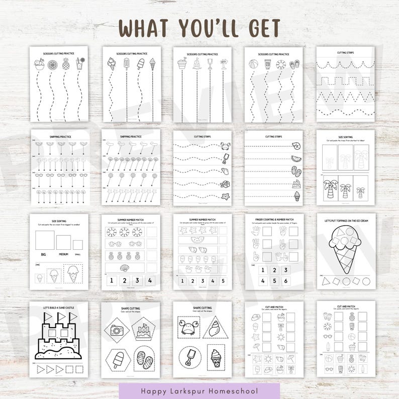 May include: A collection of black and white printable worksheets for children. The worksheets include activities such as scissor practice, size sorting, and counting. The text "WHAT YOU'LL GET" is at the top, and "Happy Larkspur Homeschool" is at the bottom.
