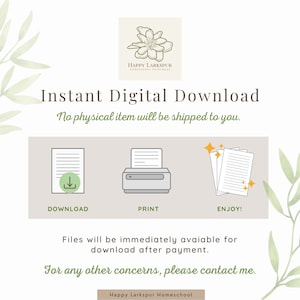 May include: Instant digital download graphic with a green floral design. The graphic shows a download icon, a printer, and a stack of papers with stars. The text reads "Instant Digital Download" and "No physical item will be shipped to you."