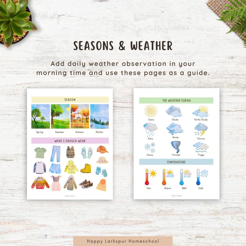 Pu&ograve; includere: Un grafico stampabile con illustrazioni ad acquerello delle quattro stagioni: primavera, estate, autunno e inverno. Il grafico include anche una sezione su cosa indossare in ogni stagione, con illustrazioni di indumenti come una maglietta, jeans, un giubbotto, stivali, guanti e un cappello. Il secondo grafico mostra icone meteorologiche per soleggiato, nuvoloso, parzialmente nuvoloso, piovoso, ventoso, nevoso, tempestoso, tornado e nebbia. Il grafico include anche un termometro con icone per temperature calde, tiepide, miti e fredde. Il testo sul grafico dice "Stagioni e tempo" e "Il tempo di oggi".