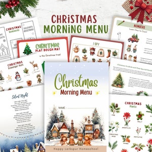 May include: A Christmas-themed printable activity pack for kids. The pack includes a variety of activities, such as a scavenger hunt, a play dough mat, a Christmas symbols and their meanings worksheet, a Christmas plants worksheet, a silent night poem, a numbers worksheet, and an I spy worksheet. The pack is designed to be used as a Christmas morning menu.