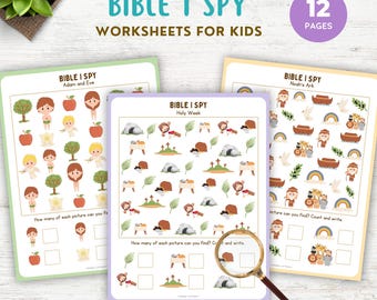 I Spy Bible Worksheets, Kids Bible I Spy Printable Activity, Sunday School Homeschool Bible Study Printable Scripture, Kids Bible Lessons
