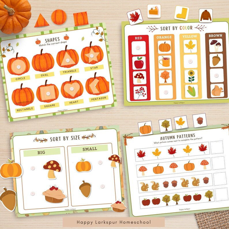 May include: Four printable worksheets for kids featuring autumn-themed activities. The worksheets include matching shapes, sorting by color, sorting by size, and completing patterns.