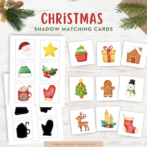 Könnte beinhalten: Ein Satz druckbarer Weihnachts-Schatten-Zuordnungs-Karten. Die Karten zeigen Illustrationen von Weihnachtsmann, Stern, Cupcake, Geschenkbox, Lebkuchenhaus, Mütze, Stechpalmenbeeren, Tasse mit heißer Schokolade, Fäustling, Weihnachtsbaum, Lebkuchenmann, Schneemann, Rentier, Kerzen und Strumpf. Die Karten sind so konzipiert, dass Kinder die Illustrationen mit ihren entsprechenden Schatten abgleichen können.