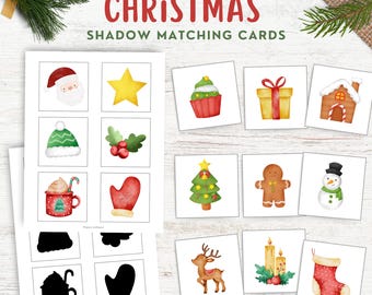 Ombre de Noël, Activités de Noël, Activité pour tout-petits, À imprimer pour les enfants d&#39;âge préscolaire, Cahier chargé de Noël, Jeu d&#39;association d&#39;ombres Montessori