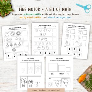 May include: Black and white educational worksheets for early math skills and visual recognition. The worksheets include summer-themed number matching, size sorting, and finger counting activities. The text on the worksheets reads "FINE MOTOR + A BIT OF MATH".