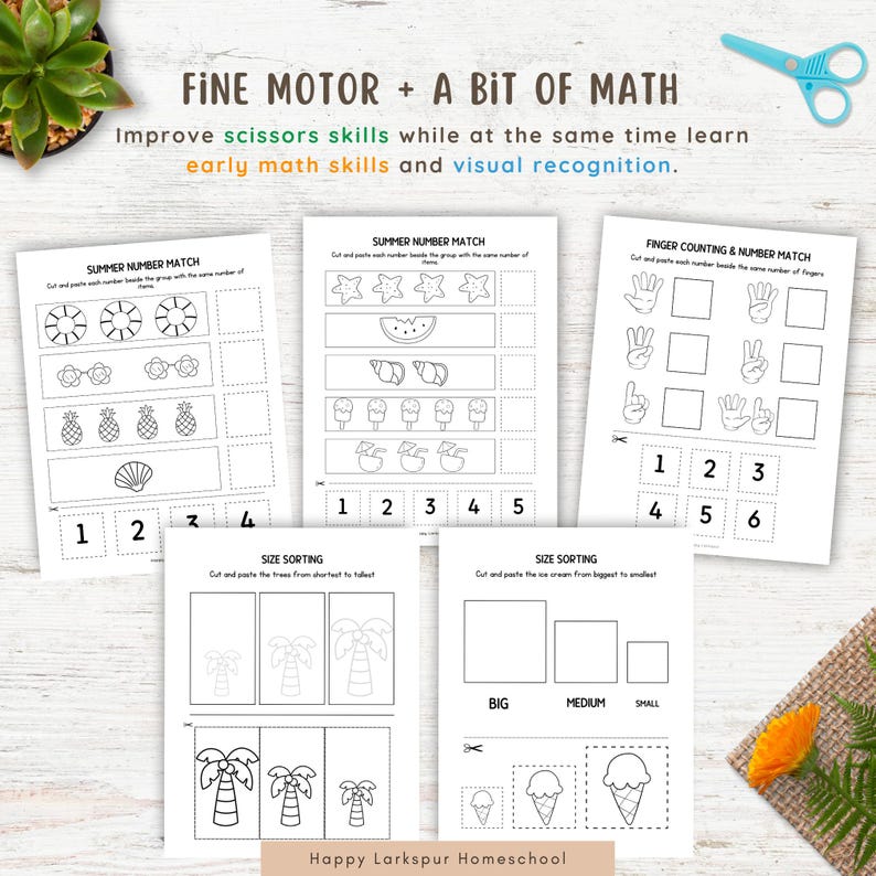 May include: Black and white educational worksheets for early math skills and visual recognition. The worksheets include summer-themed number matching, size sorting, and finger counting activities. The text on the worksheets reads "FINE MOTOR + A BIT OF MATH".