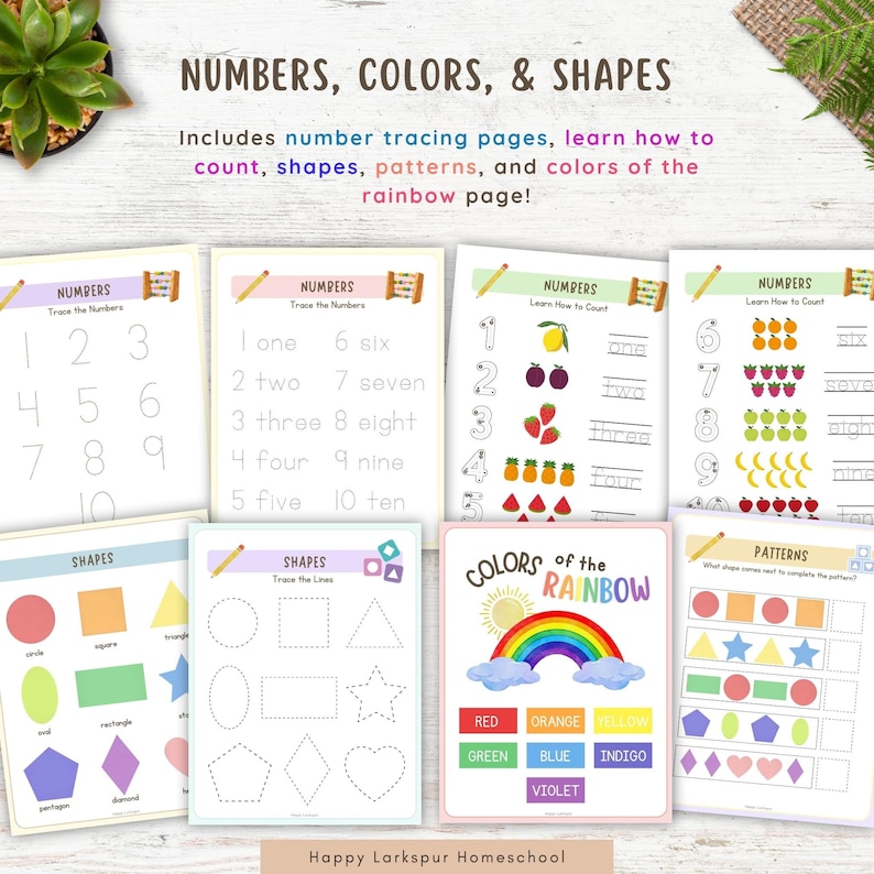 Pu&ograve; includere: Un set di fogli di lavoro stampabili per bambini per imparare i numeri, i colori e le forme. I fogli di lavoro includono il tracciamento dei numeri, il conteggio degli oggetti, l'identificazione delle forme e il completamento dei modelli. I fogli di lavoro presentano un arcobaleno con i colori rosso, arancione, giallo, verde, blu, indaco e viola.