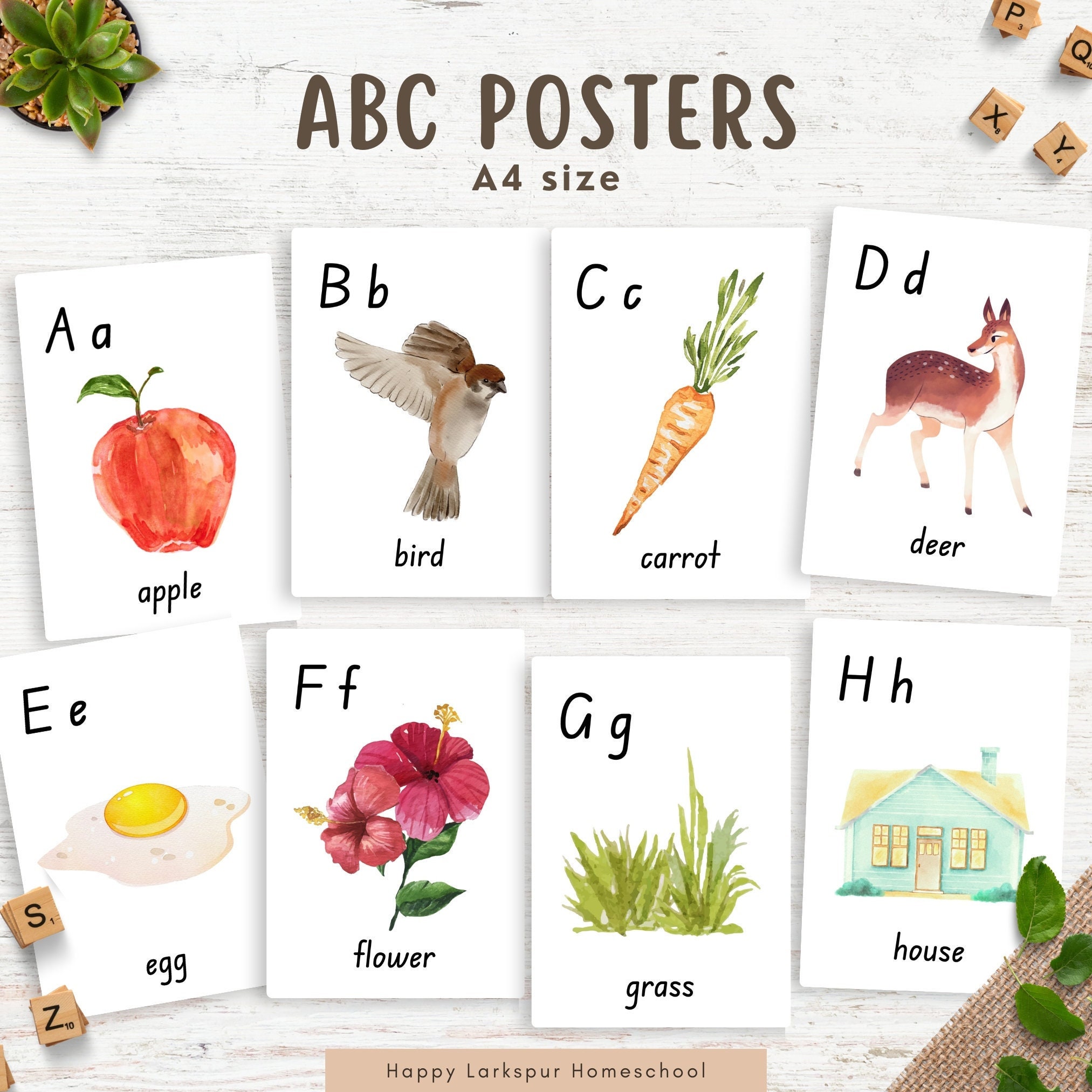 Alphabet Posters, A4 ABC Posters Classroom, Watercolor Alphabet Posters, Homeschool Printable Alphabet Posters, Toddler Preschool ABC Poster