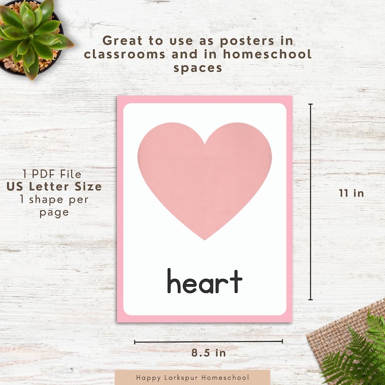 May include: A pink heart shape on a white background, labeled "heart" in black text. The poster is 8.5 inches wide and 11 inches tall, suitable for classrooms and homeschools.