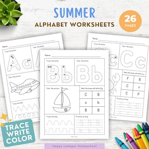 Summer Alphabet Worksheets, ABC Worksheets, Kindergarten Pre-K Preschool Activity, Homeschool Printable, ABC Tracing Book, Summer Worksheets