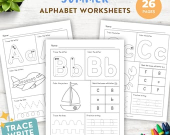 Zomeralfabetwerkbladen, ABC-werkbladen, Kleuterschool Pre-K Preschool Activiteit, Homeschool Afdrukbaar, ABC-tekenboek, Zomerwerkbladen