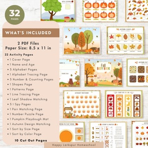 May include: A printable Fall Busy Book with 32 pages, including alphabet tracing, number and counting pages, shapes, patterns, leaf shadow matching, and more. The book is 8.5 inches by 11 inches.