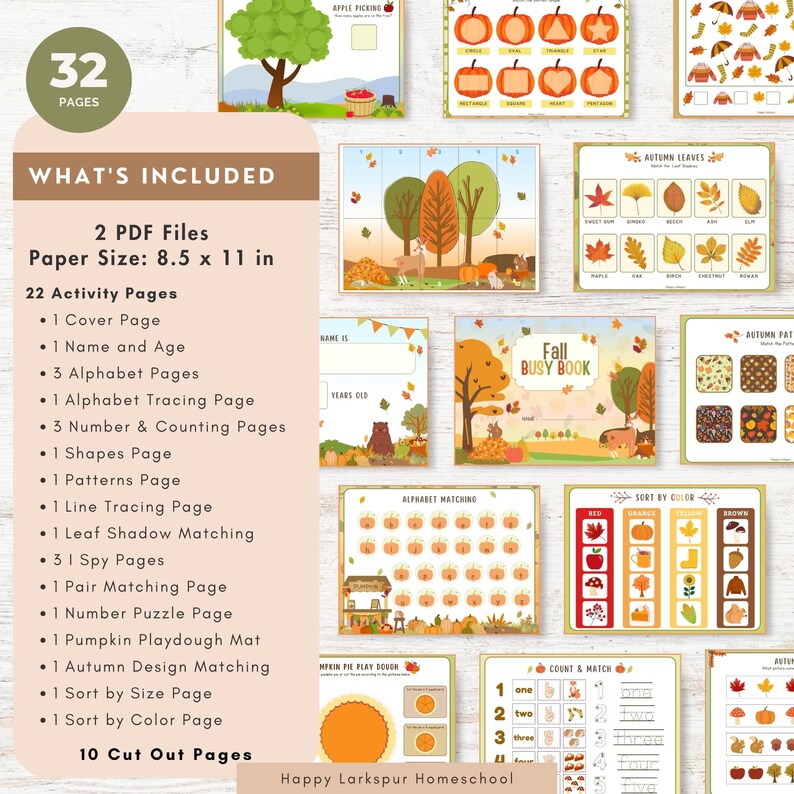 May include: A printable Fall Busy Book with 32 pages, including alphabet tracing, number and counting pages, shapes, patterns, leaf shadow matching, and more. The book is 8.5 inches by 11 inches.