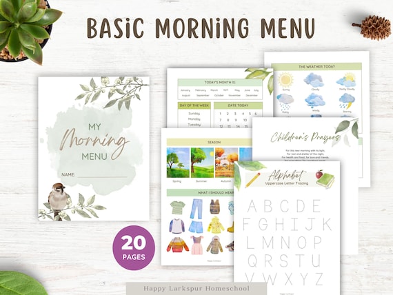 Basic Morning Menu Homeschool, Preschool Morning Menu, Toddler Morning Basket, Charlotte Mason Homeschool Morning Basket, Kindergarten Menu