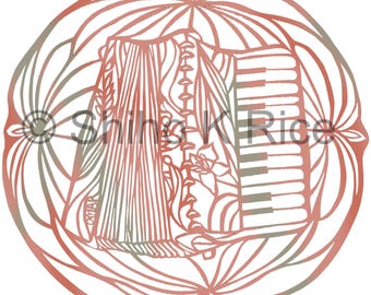 Accordion, set of 6 Blank Greeting Cards, Print of Hand-Cut Paper Art, 4.75&quot; x 4.75&quot;
