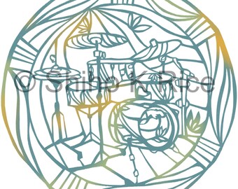 Drum Set, set of 6 Blank Greeting Cards, Print of Hand-Cut Paper Art, 4.75&quot; x 4.75&quot;