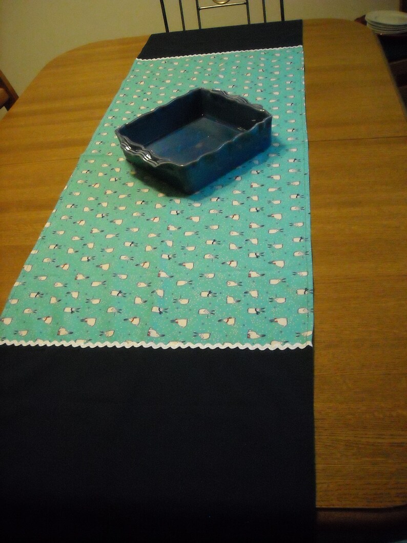 Runner 20 x 68 Snow Bunnies in a Blue Field bordered with darker Blue and Glittery White Rick Rack