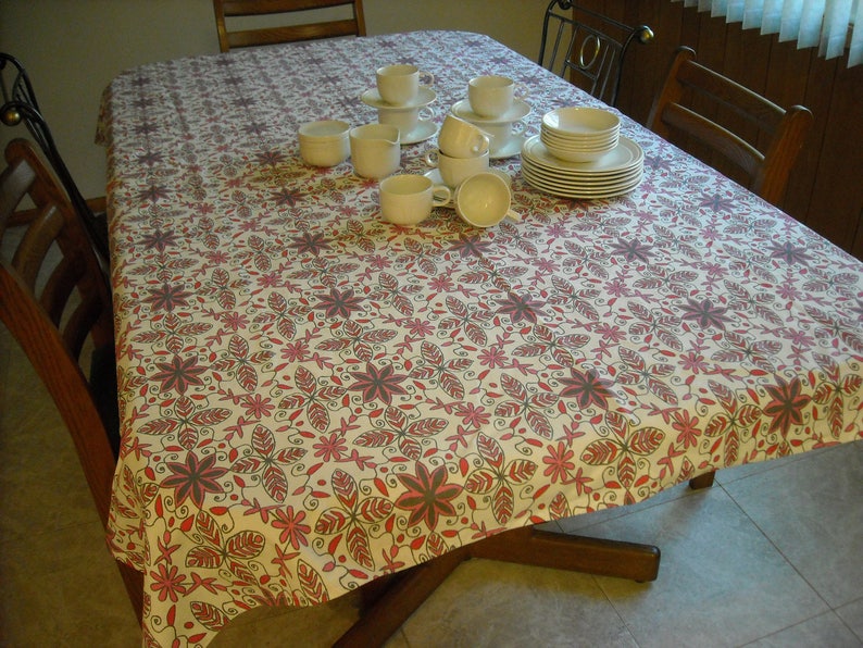 Red and Grey Print on a White Field 54 x 82 Rectangle Talblecloth Graphic Pink