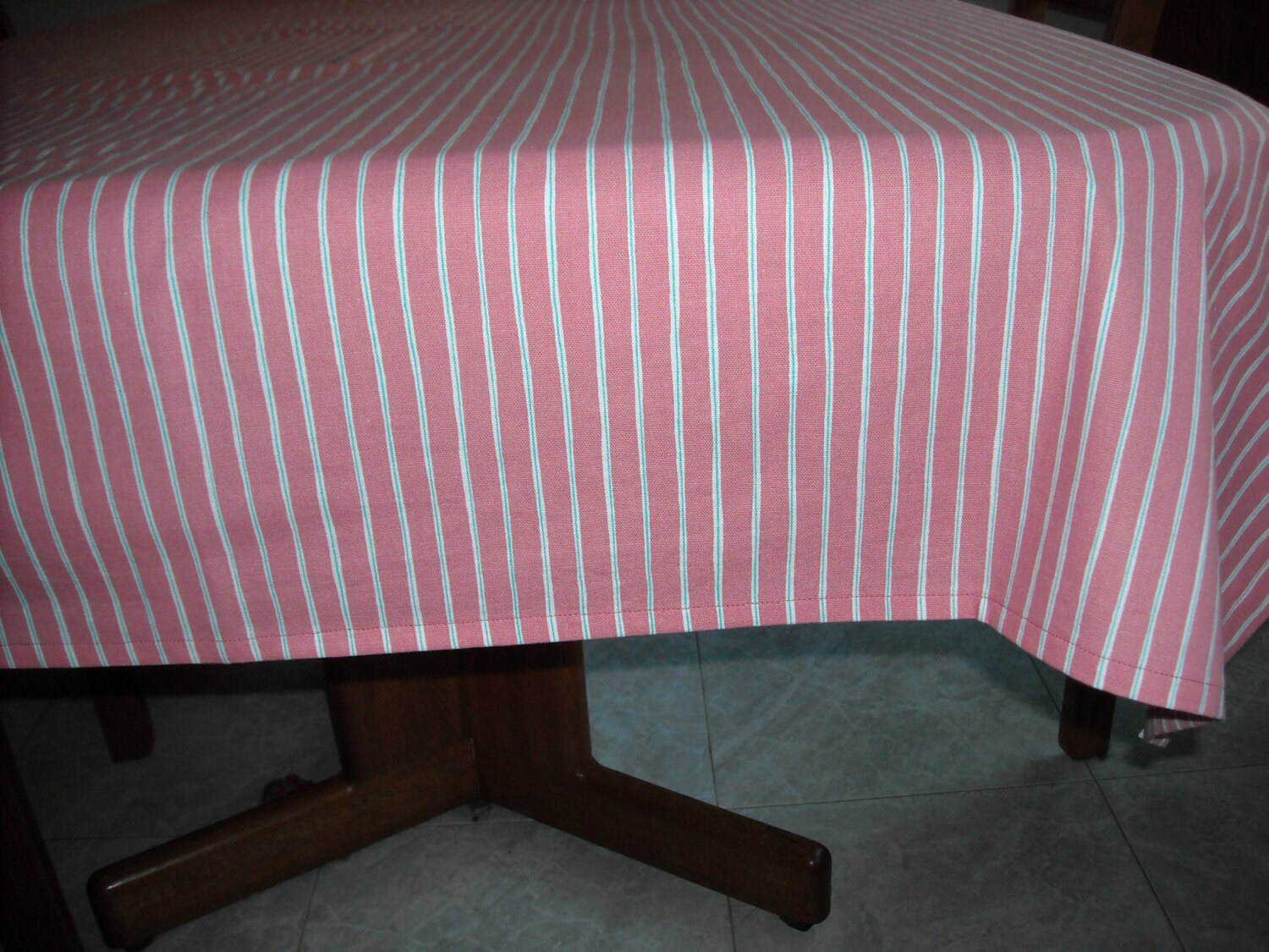 Pink, White, & Green Striped Tablecloth, 53 X 70 Rectangle for a Casual