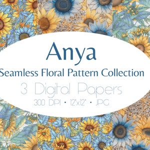 Floral Digital Paper: Anya Collection • 3 Flower Background Designs • 12x12 Seamless Floral Patterns • Printable Scrapbook Papers