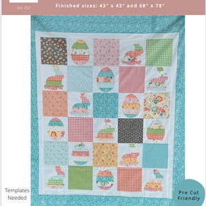 Pode incluir: Um padrão de acolchoado para um edredom com tema de Páscoa com coelhos e ovos. O padrão chama-se "Easter Joy" e está disponível em dois tamanhos: 43" x 43" e 68" x 78".