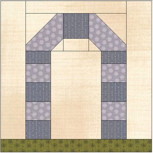 May include: A quilt block pattern with a light brown background and a grey archway design. The archway is made up of four different grey fabrics with white polka dots and a grey fabric with a white stripe pattern.