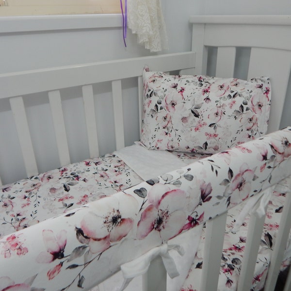 White Poppy Nursery Set - 4 Piece - Includes Blanket Cot Rail Cover Fitted Cot Sheet and Pillowcase Pure cotton