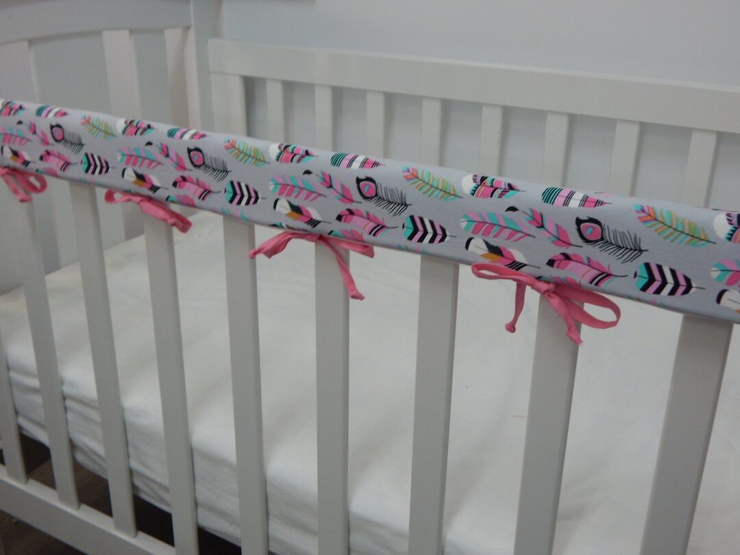 Cot Rail Cover Pink Feathers on Grey 100 Cotton Etsy