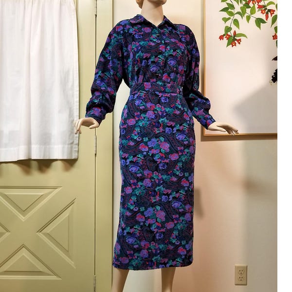 Vintage Corduroy Pencil Skirt with Matching Top | Floral Paisley Suit | Long Sleeve Shirt and Below the Knee Skirt | Purple Green Pink Black