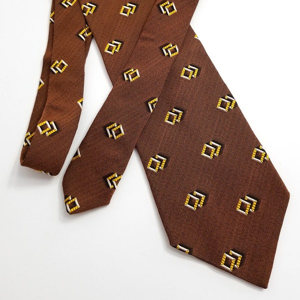 Vintage Hugo Boss Silk Tie with Geometric Squares | Brown & Yellow Necktie | Retro Menswear | Designer