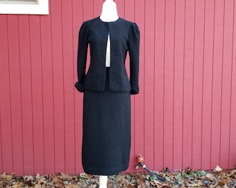 Vintage 1960s Black Wool Knit Skirt Suit by Adolfo Saks Fifth Avenue | Black Pencil Skirt & Matching Jacket | Elastic Waist 26-35