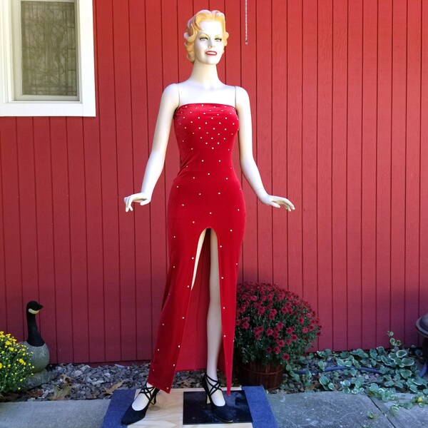 Vintage Strapless Red Velvet Rhinestone Dress by Nom de Plum | Pinup Style Tight Fitted Gown w/ Long Front Slit | Sexy Red Party Dress