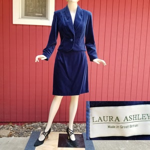 Vintage 1980s Laura Ashley Blue Velvet Skirt Suit Set w/ Blazer and Pencil Skirt | Matching Royal Blue Jacket & Skirt | UK10, USA6