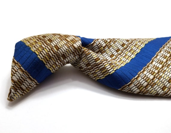 Vintage 1970s Clip On Tie | Blue & Beige Diagonal… - image 5