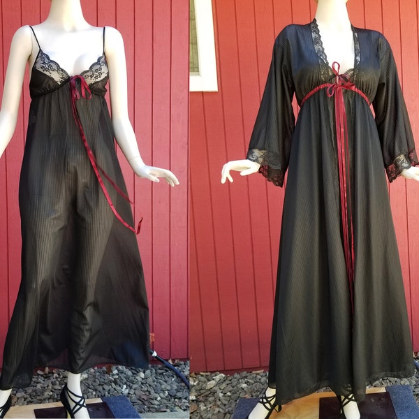 Vintage 1970s Black Peignoir Set by Tom Bezduda for Barad & Co | Long Nightgown w/ Robe, Bridal Sheer Nighty, Chiffon and Lace Lingerie Set