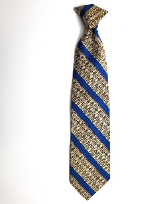 Vintage 1970s Clip On Tie | Blue & Beige Diagonal… - image 4