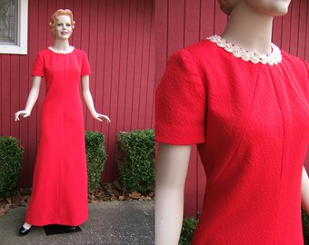 Vintage 1960s/70s Red Dress | Short Sleeve Polyester Dress | Mod Red Maxi Dress | Handmade, Mid Century