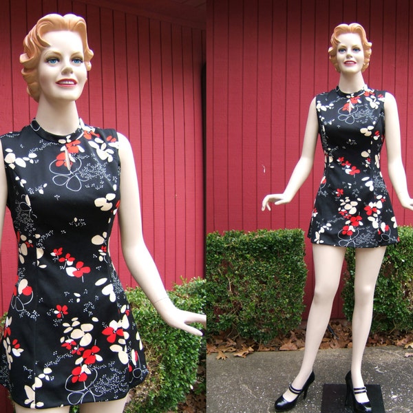 Vintage 1960s Short Dress | Lady Carol of NY Sleeveless Mini Dress with Red & White Fowers  | Polyester Dress | Mod Sheath Dress