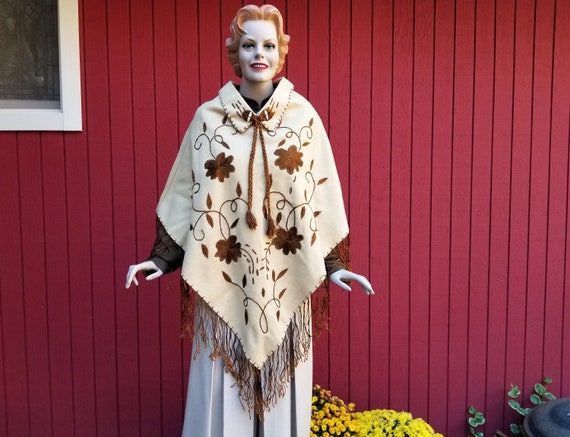Vintage 1960s Embroidered Wool Poncho with Fringe