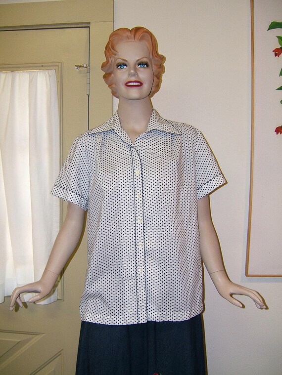 Vintage 1970s Polka Dot Shirt | White and Navy Sh… - image 1