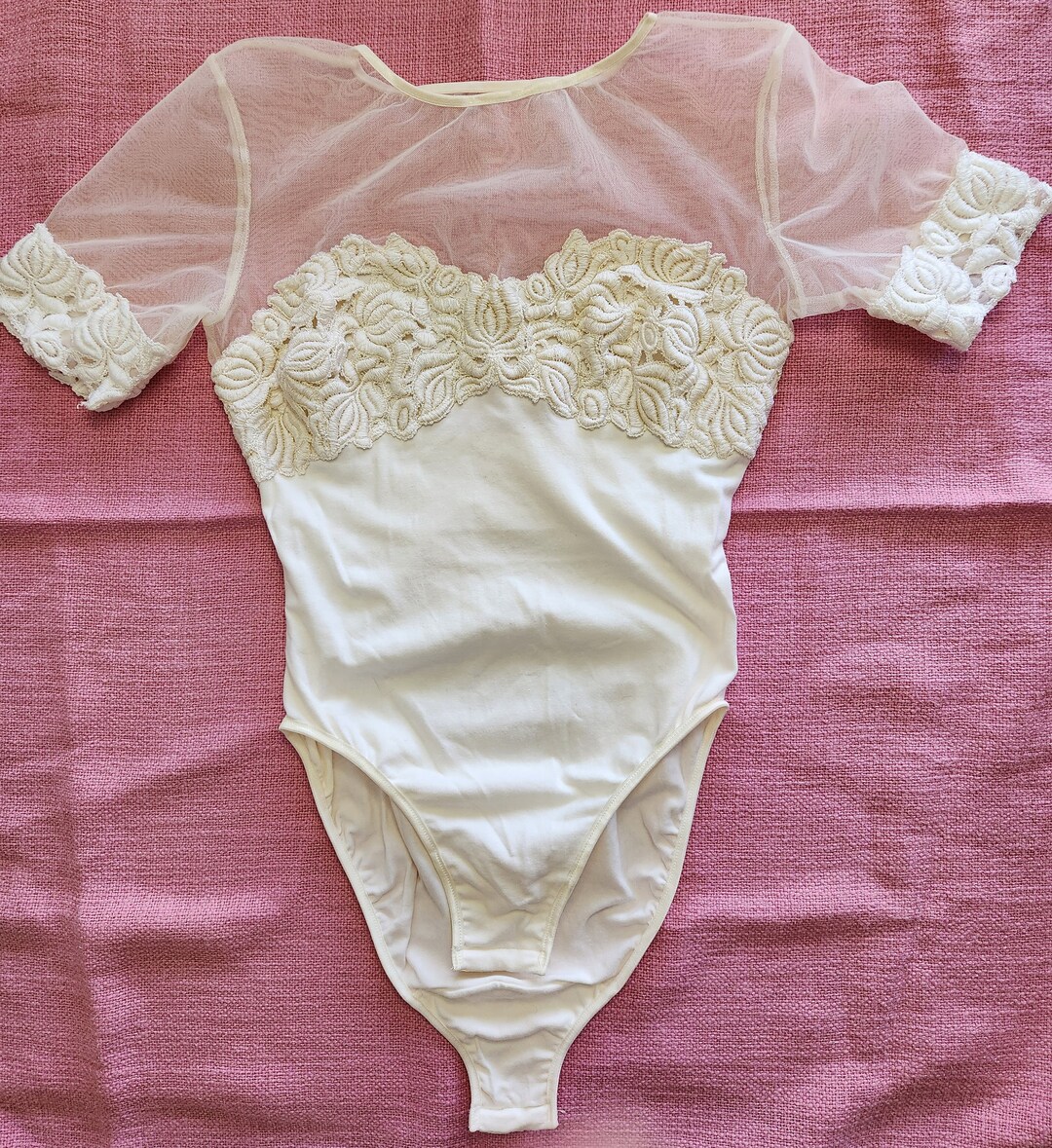 Vintage off White Bodysuit With Mesh Top and Lace Bust Snap Crotch